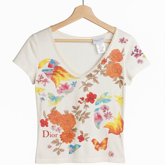 🌸 Christian Dior V-Neck Floral Print Tee – Rare Vintage Designer Top - Picture 1 of 1